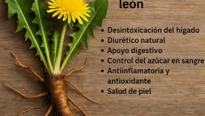 Raíz de diente de león fresca sobre fondo natural, mostrando sus beneficios para la digestión, depuración del hígado y bienestar general 🌼🌿