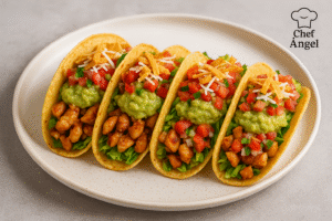 Receta fácil de 🌮✨ Tacos de Pollo Deliciosos 🌮✨ y pico de gallo, mostrando ingredientes naturales y saludables 🌿🍅🥑