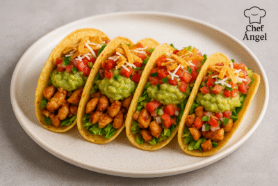 Receta fácil de 🌮✨ Tacos de Pollo Deliciosos 🌮✨ y pico de gallo, mostrando ingredientes naturales y saludables 🌿🍅🥑